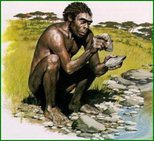 Un Homo habilis taillant des pierres