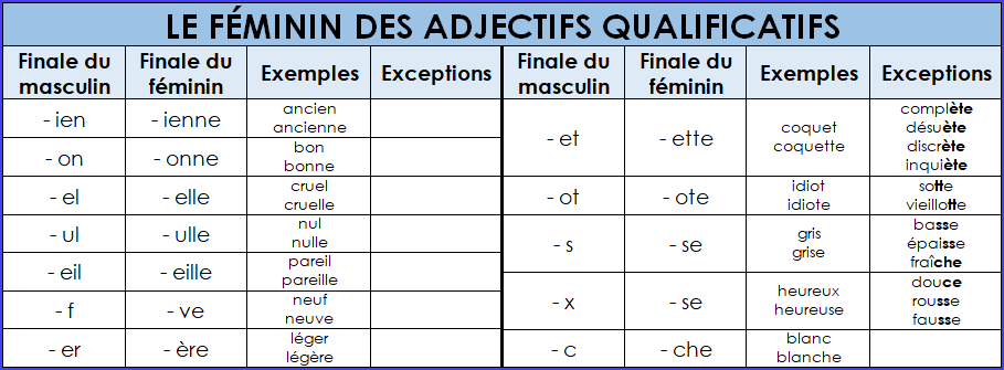 Le féminin des adjectifs